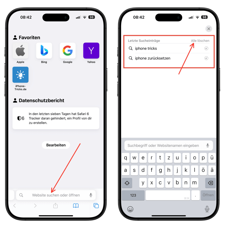 Safari letzte Suchanfragen