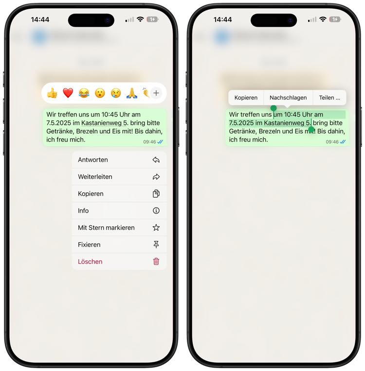 Bestimmte Textstelle in WhatsApp Nachricht auswählen und kopieren