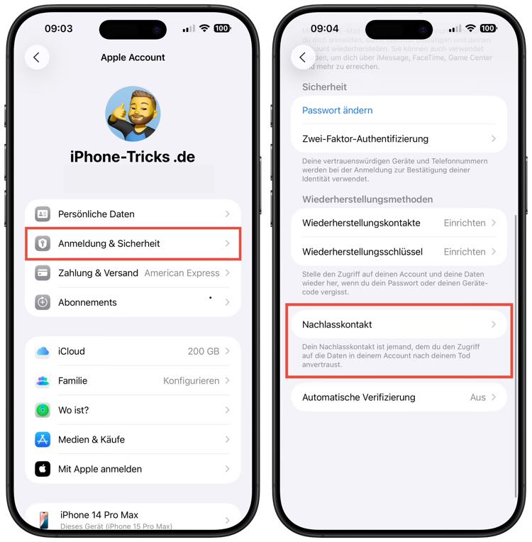 Nachlasskontakt für iCloud-Account hinzufügen