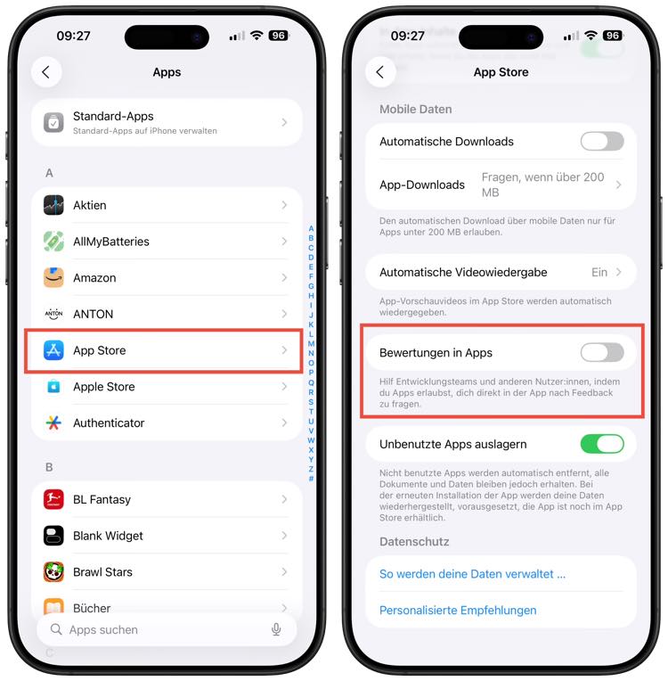 App Bewertungen ausschalten