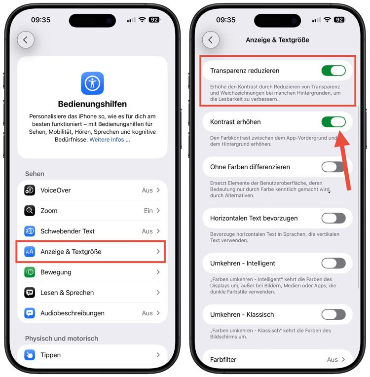 Liquid Glass Kontrast reduzieren in iOS 26