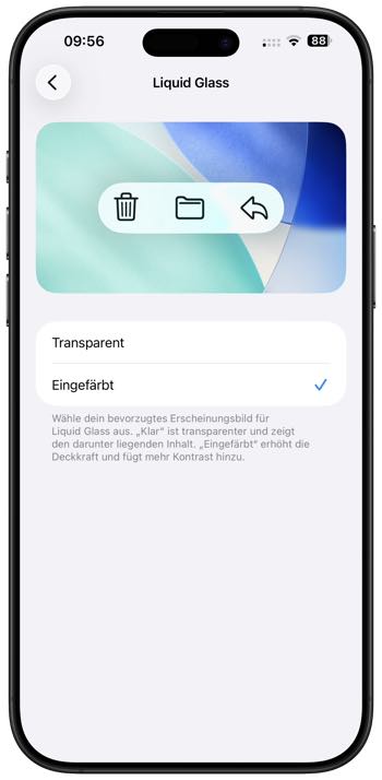 iOS 26.1 Update Liquid Glass eingefärbt
