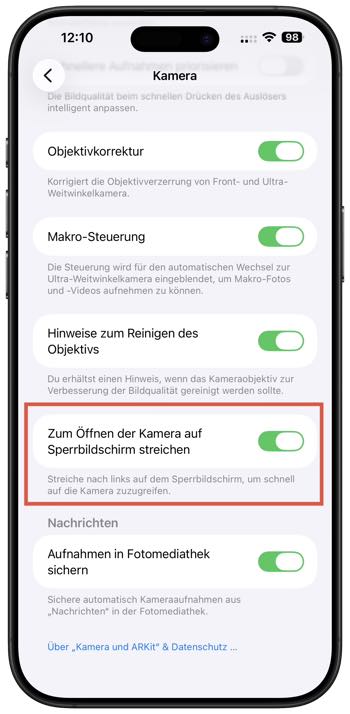 iOS 26.1 Kamera im Sperrbildschirm