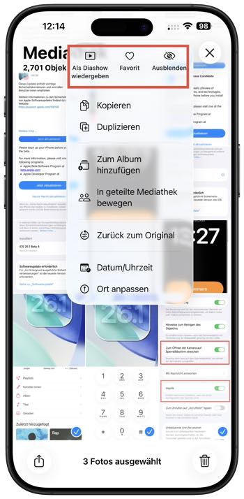 Fotos App mit Schnellfunktionen