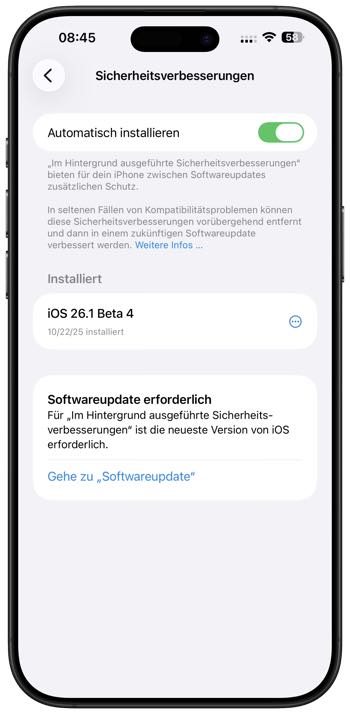 Automatische Sicherheitsupdates in iOS 26.1