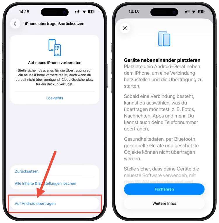 iPhone auf Android übertragen unter iOS 26.3