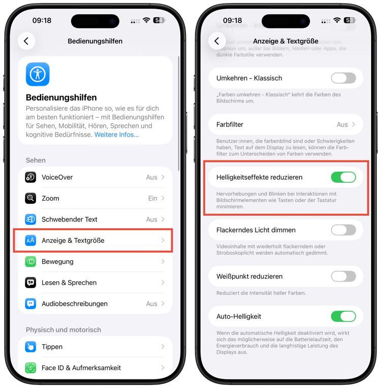 Helligkeitseffekte reduzieren in iOS 26.4